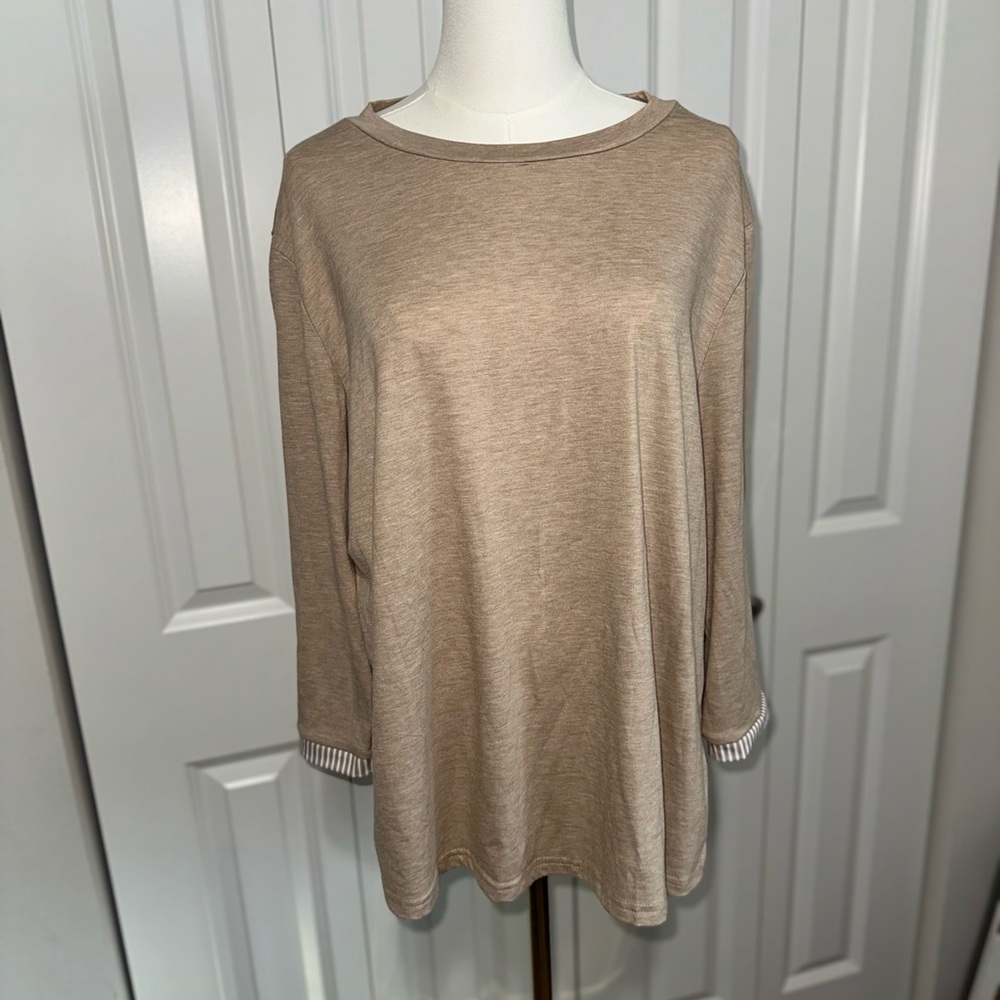 Casual Tan Women's Top with Striped Sleeves